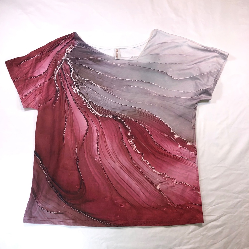 Zolucky Womens Abstract Marble Ink Print Top Burgundy Mauve Grey Size Medium